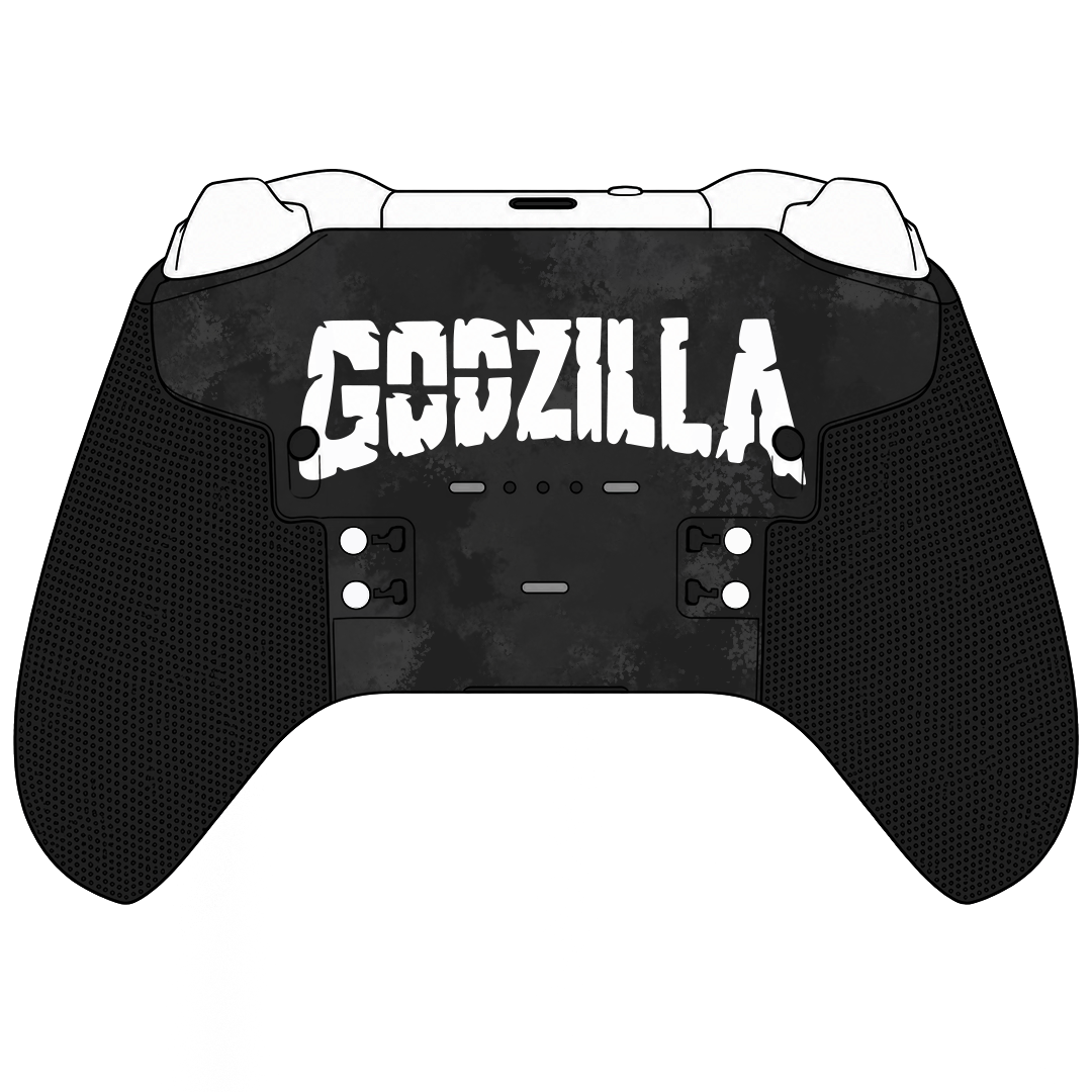 Custom Airbrush Controller Microsoft Xbox Series X - Xbox One S - Elite -Red and black custom gaming controller with white Japanese-inspired artwork. Monster -Kaiju - Great wave Godzilla