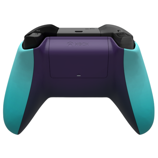 A custom Xbox controller with a matte purple center, teal side grips, and black top buttons, shown from a front-facing perspective on a white background.