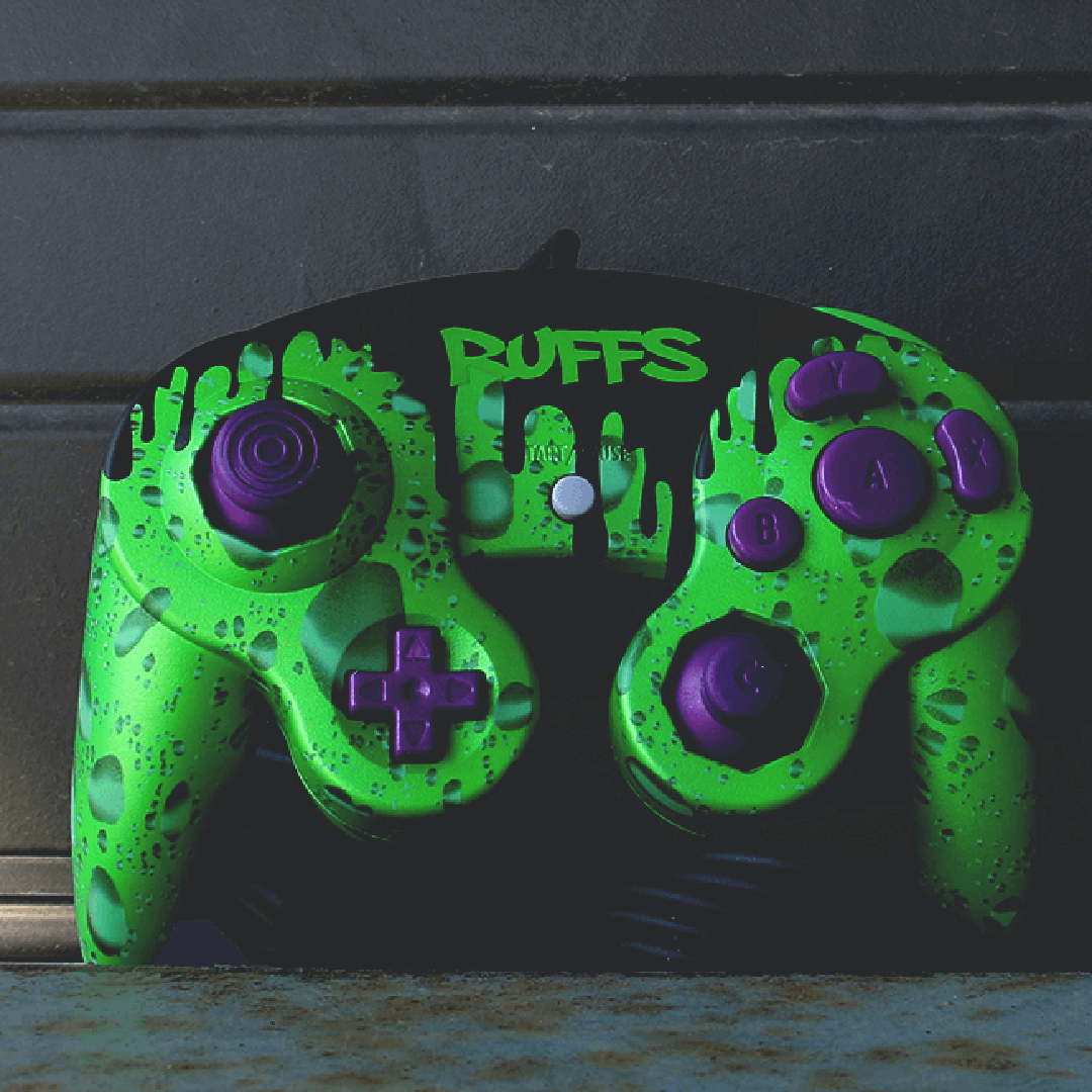 Custom Controller Nintendo Gamecube - Toxic Demize Drip Green Black Gamer Tag Purple Buttons