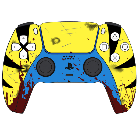 Custom Airbrush Painted Controller Sony PlayStation 5 PS5 -| Yellow & Blue Hand-Painted Gaming Controller wolverine claws superhero comics