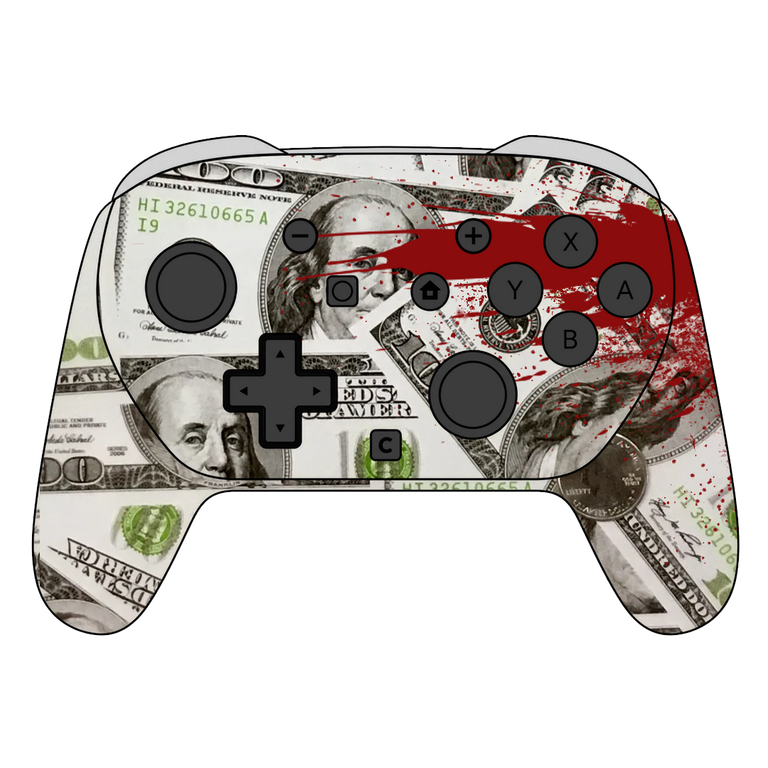 Custom Airbrush Painted Controller Nintendo Switch 2 Two - Blood Money Splatter Dollars Ben Franklin Cash