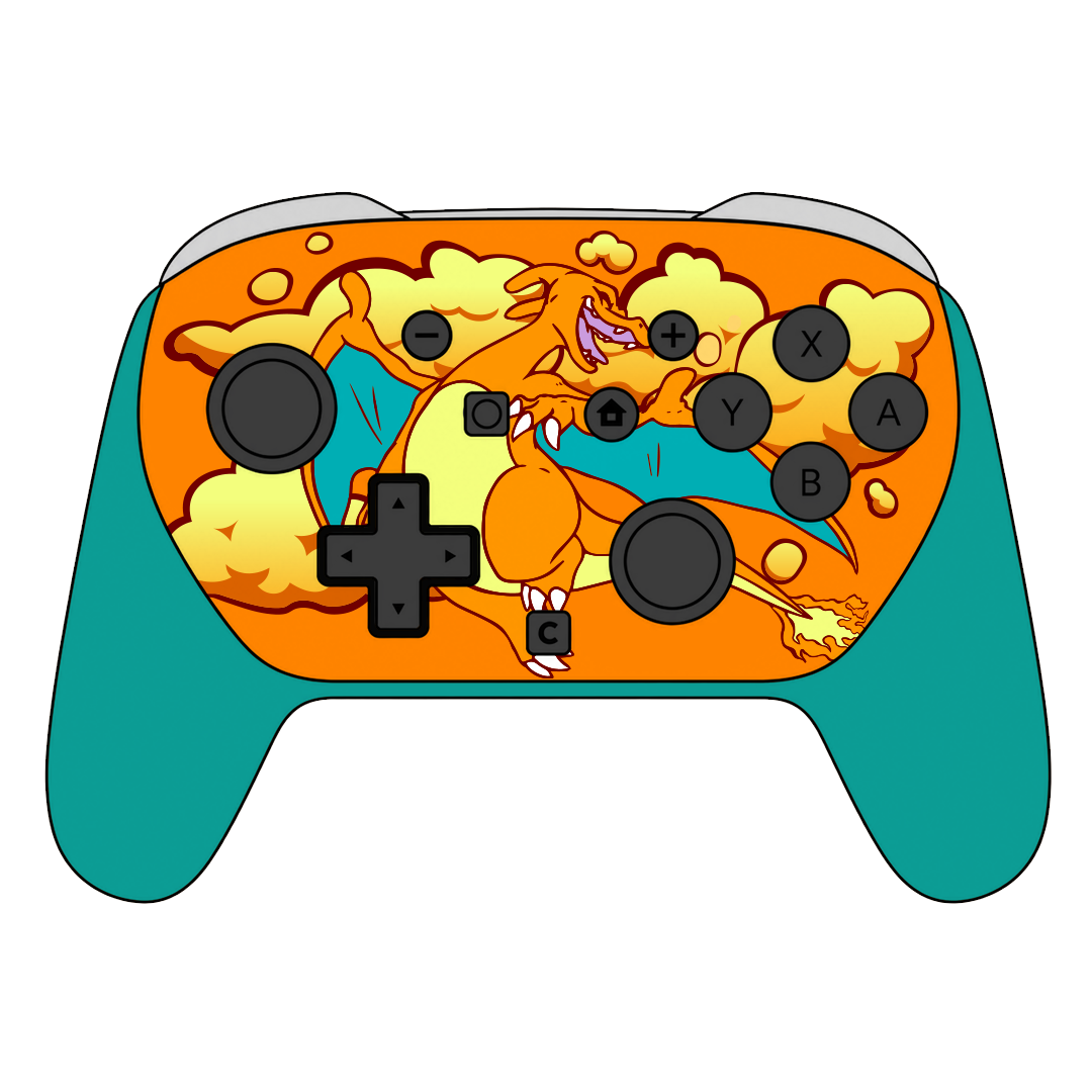 Custom Airbrush Painted Controller Nintendo Switch 2 Two - SSBU Smash Bros Anime Fire Lizard Dragon Pocket Monster  
