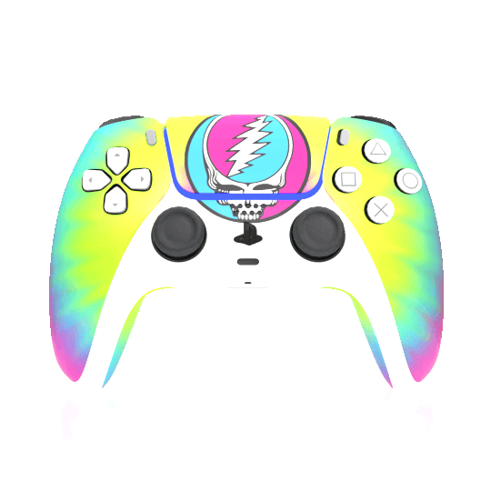 Colorful gaming controller with a Grateful Dead logo on a white background