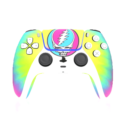 Colorful gaming controller with a Grateful Dead logo on a white background