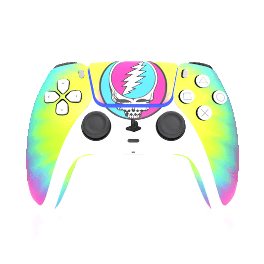 Colorful gaming controller with a Grateful Dead logo on a white background