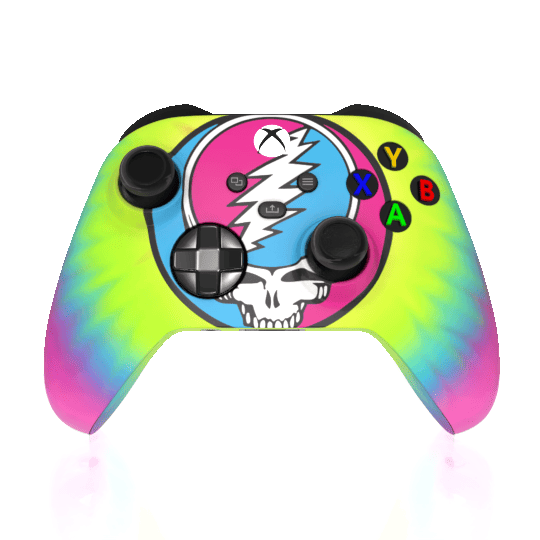 Colorful gaming controller with a skull and crossbones design on a white background