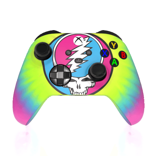 Colorful gaming controller with a skull and crossbones design on a white background