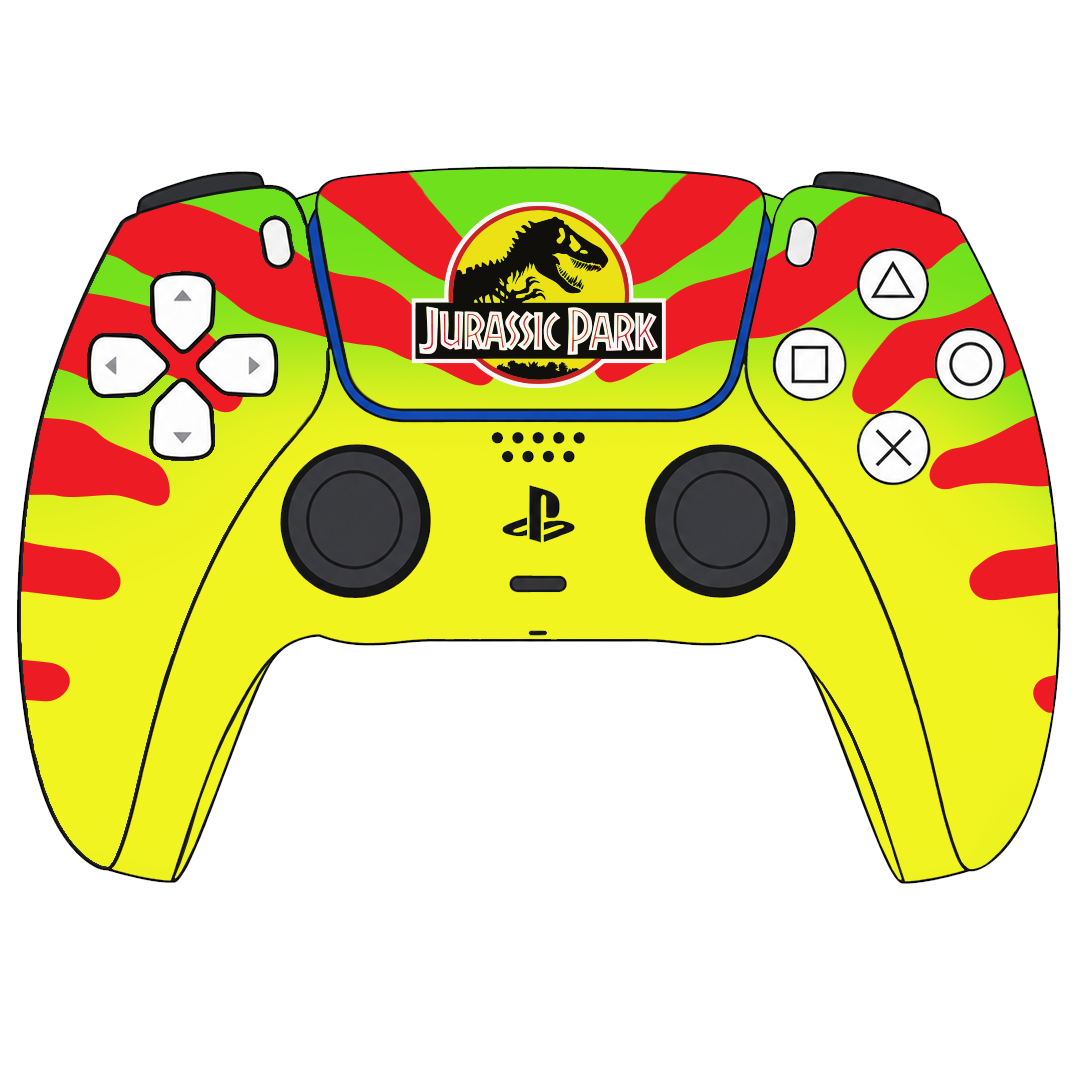 custom-airbrush-painted-dinosaur-theme-ps5-controller-Dino DNA-jeep-Sam Neil-red-yellow-green-TRex