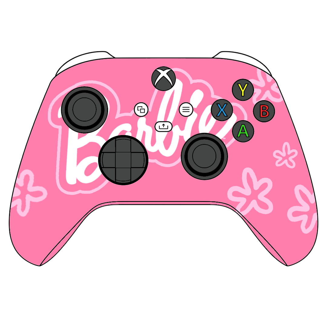 Custom Airbrush Controller Microsoft Xbox Series X - Xbox One S - Barbie Fantastic Plastic Doll Girl Power Pink Blue Flowers Cute Feminine Blonde