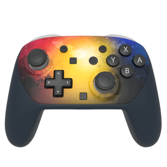 A wireless game controller with a galaxy nebula print on the faceplate, featuring dark blue grips and black buttons with white lettering, shown against a plain white background.
