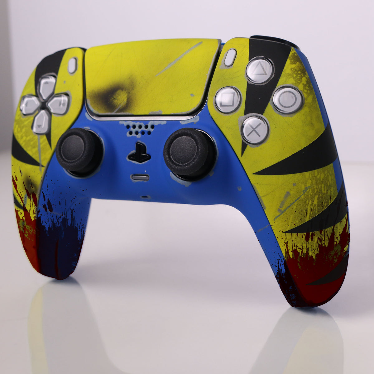 Custom Airbrush Painted Controller Sony PlayStation 5 PS5 -| Yellow & Blue Hand-Painted Gaming Controller wolverine claws superhero comics