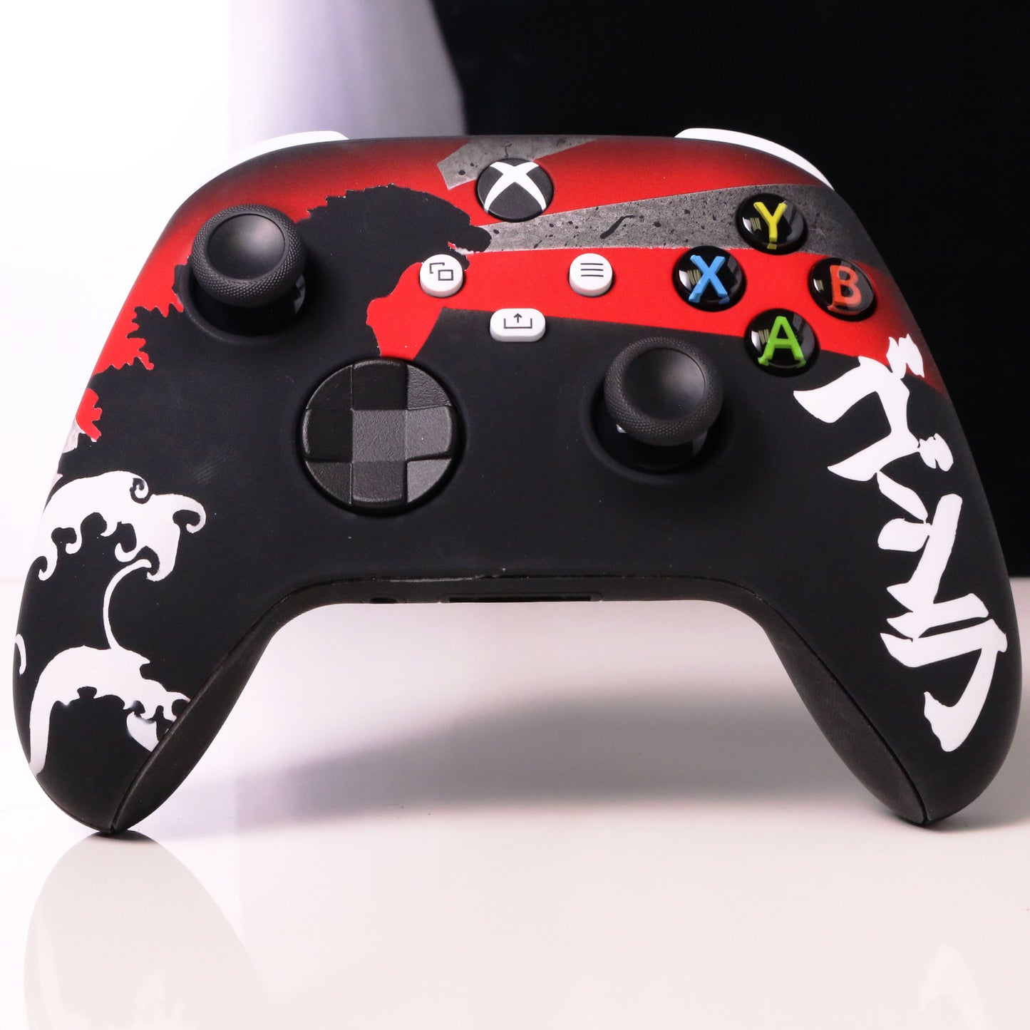 Custom Airbrush Painted Microsoft Xbox Series X XBX - Red and black custom gaming controller with white Japanese-inspired artwork. Monster -Kaiju - Great wave
