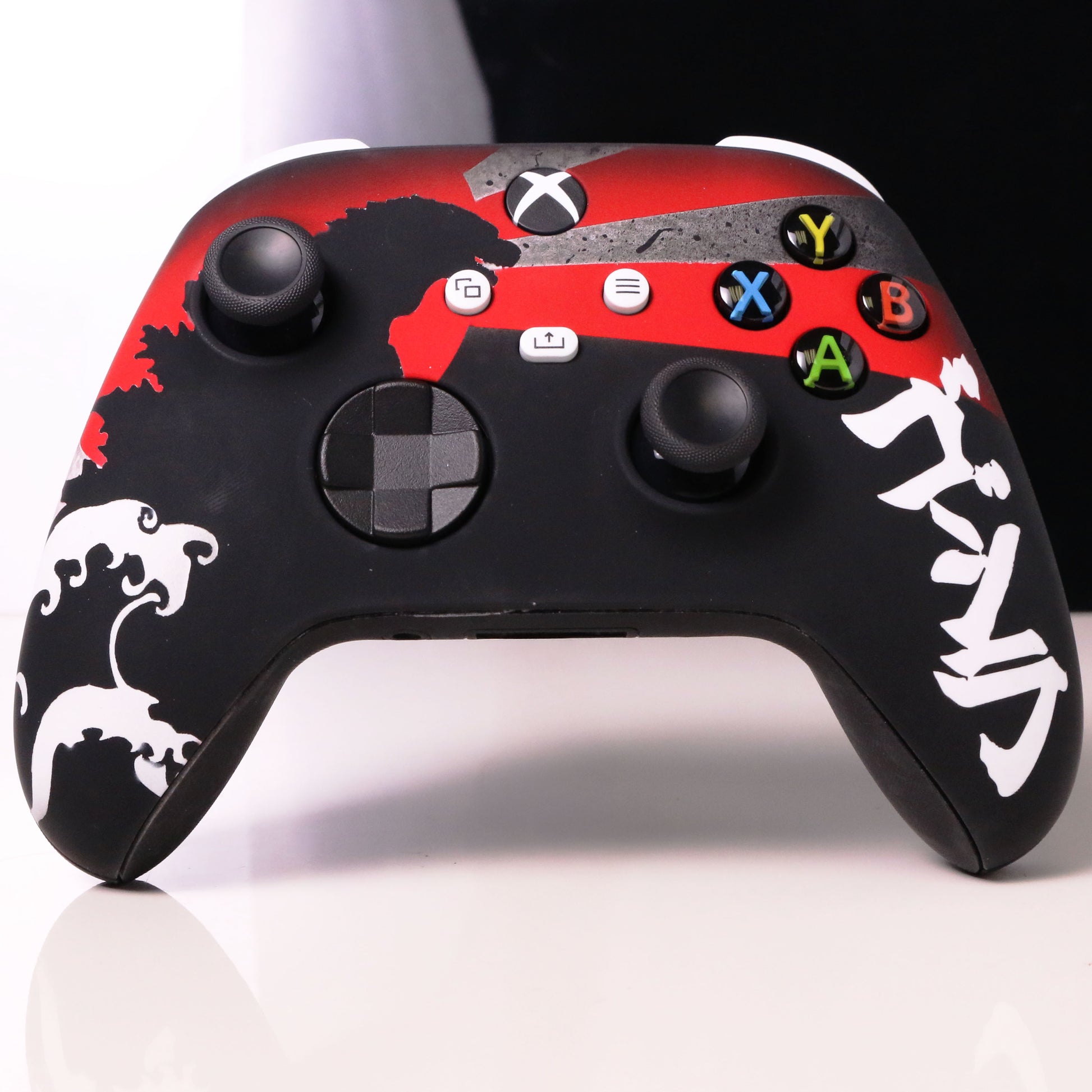 Custom Airbrush Painted Microsoft Xbox Series X XBX - Red and black custom gaming controller with white Japanese-inspired artwork. Monster -Kaiju - Great wave