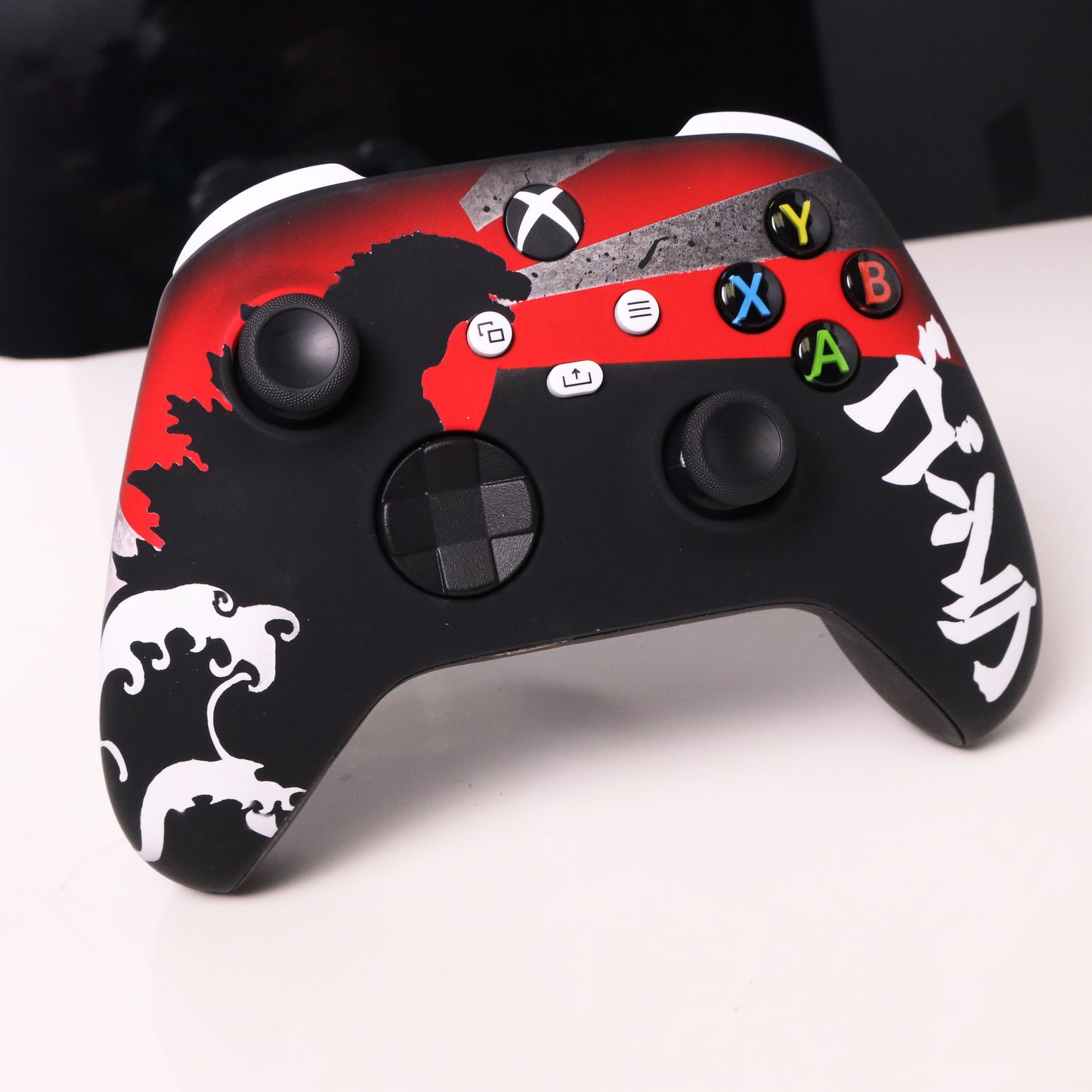 Custom Airbrush Painted Microsoft Xbox Series X XBX - Red and black custom gaming controller with white Japanese-inspired artwork. Monster -Kaiju - Great wave
