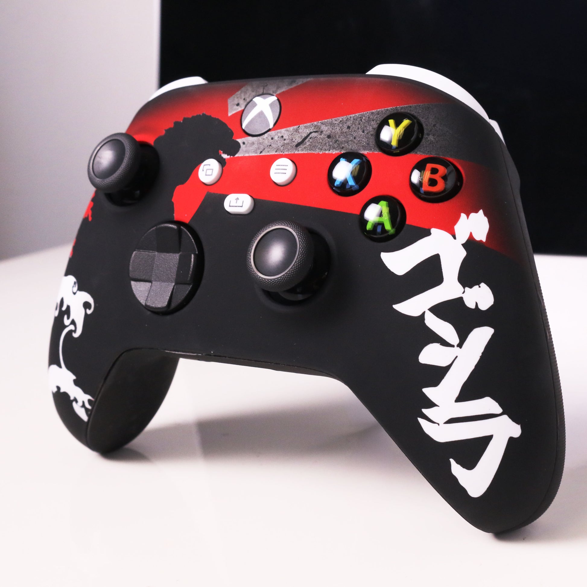 Custom Airbrush Painted Microsoft Xbox Series X XBX - Red and black custom gaming controller with white Japanese-inspired artwork. Monster -Kaiju - Great wave