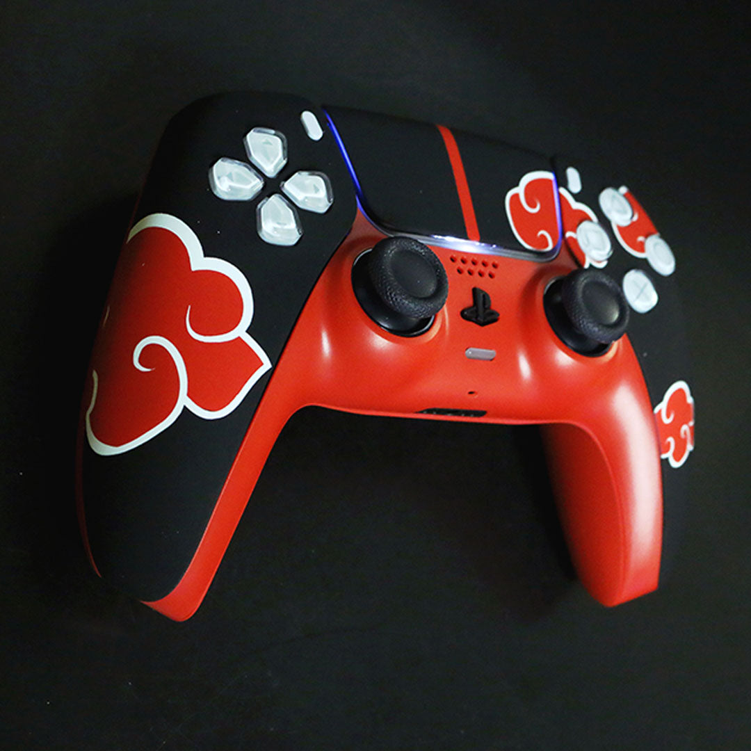 Custom Airbrush Controller Sony Playstation 5 PS5 - Shinobi Dawn Anime Akatsuki Villains Ninja Red Cloud PS5 Controller Skin | Black & Red DualSense Custom Vinyl Wrap | Anime-Inspired Gaming Controller Decal