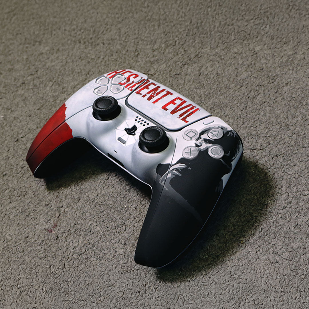 Custom Airbrush Painted Sony PlayStation 5 Controller PS5 - horror-themed video game controller with distressed white, red, black, and gray graphics, featuring bold red lettering and a weathered zombie survival-horror aesthetic.