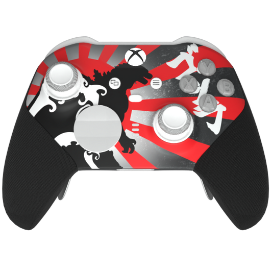 Custom Airbrush Controller Microsoft Xbox Series X - Xbox One S - Elite -Red and black custom gaming controller with white Japanese-inspired artwork. Monster -Kaiju - Great wave