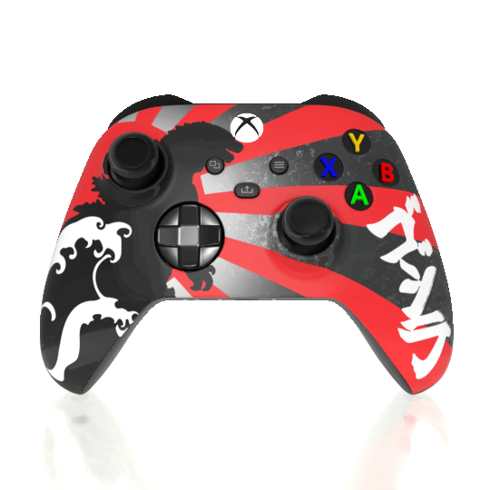 Custom Airbrush Painted Microsoft Xbox Series X XBX - Red and black custom gaming controller with white Japanese-inspired artwork. Monster -Kaiju - Great wave Godzilla
