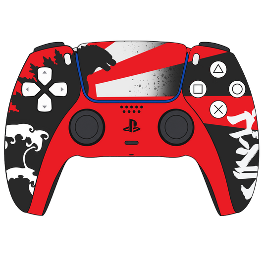 Custom Airbrush Painted Sony PlayStation 5 PS5 - Red and black custom gaming controller with white Japanese-inspired artwork. Monster -Kaiju - Great wave