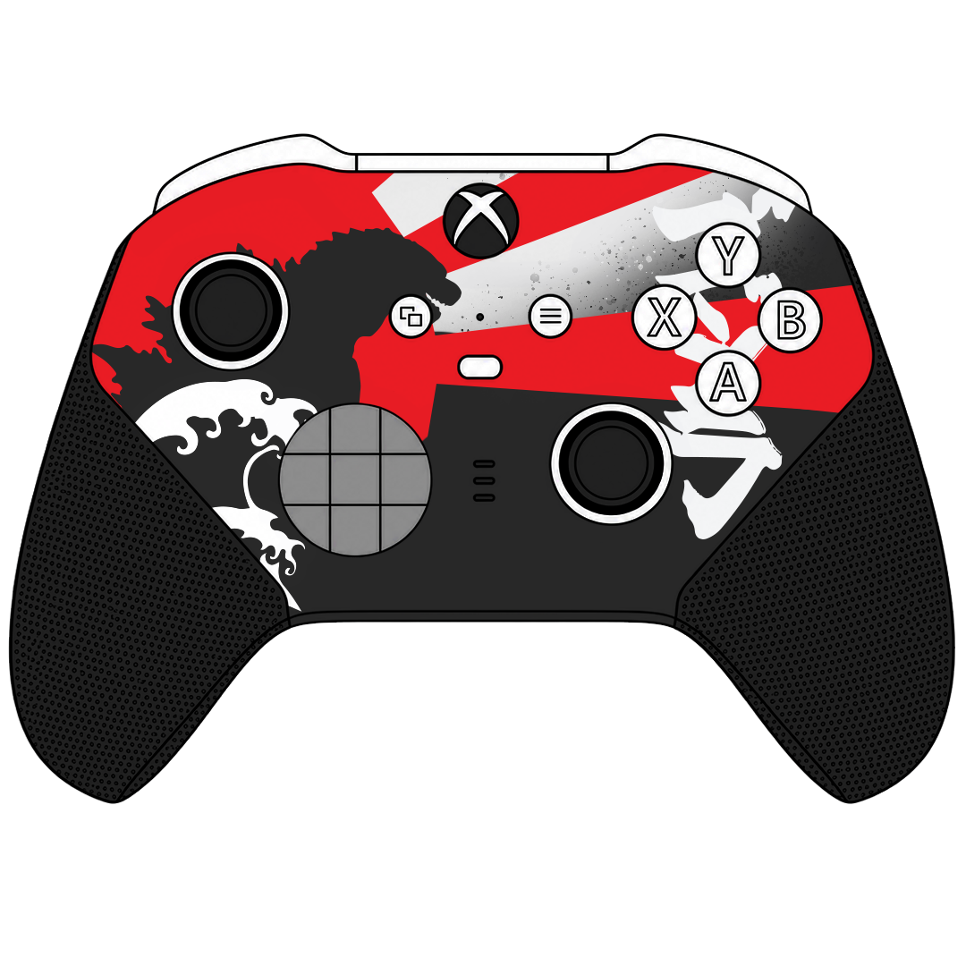 Custom Airbrush Controller Microsoft Xbox Series X - Xbox One S - Elite -Red and black custom gaming controller with white Japanese-inspired artwork. Monster -Kaiju - Great wave Godzilla