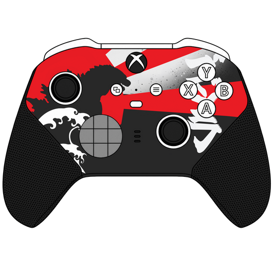 Custom Airbrush Controller Microsoft Xbox Series X - Xbox One S - Elite -Red and black custom gaming controller with white Japanese-inspired artwork. Monster -Kaiju - Great wave Godzilla
