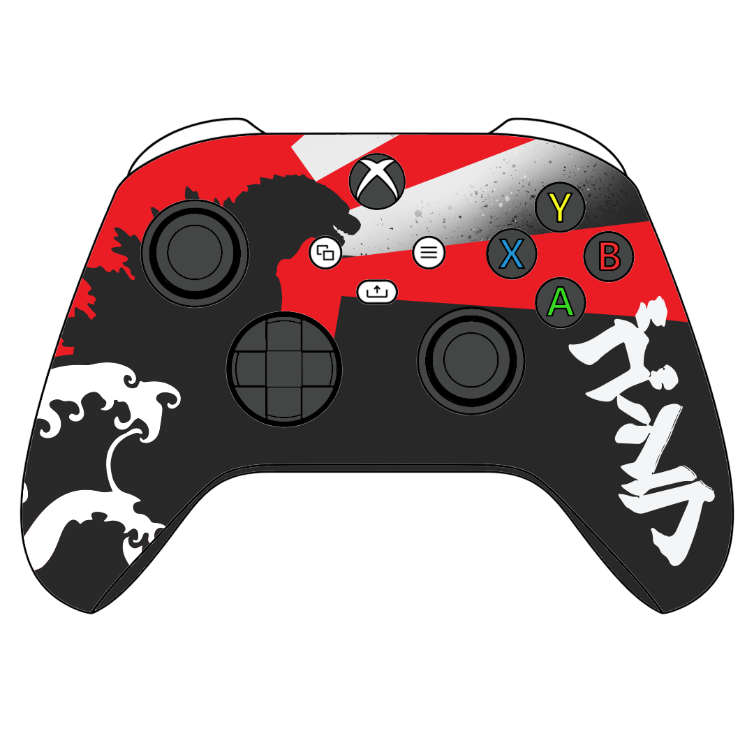 Custom Airbrush Painted Microsoft Xbox Series X XBX - Red and black custom gaming controller with white Japanese-inspired artwork. Monster -Kaiju - Great wave