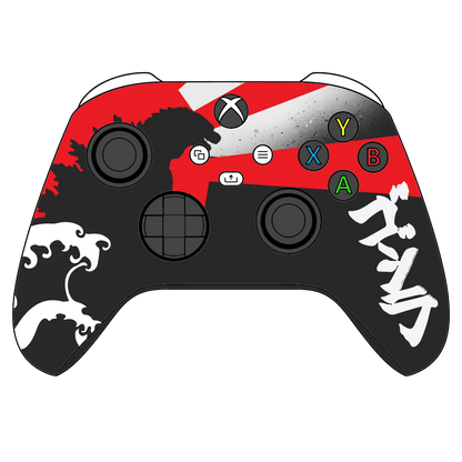 Custom Airbrush Painted Microsoft Xbox Series X XBX - Red and black custom gaming controller with white Japanese-inspired artwork. Monster -Kaiju - Great wave