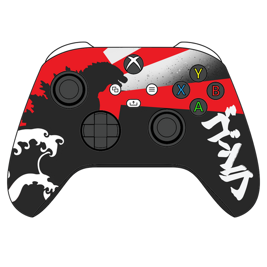 Custom Airbrush Painted Microsoft Xbox Series X XBX - Red and black custom gaming controller with white Japanese-inspired artwork. Monster -Kaiju - Great wave