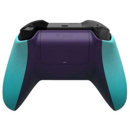A custom Xbox controller with a matte purple center, teal side grips, and black top buttons, shown from a front-facing perspective on a white background.