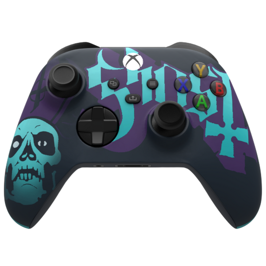 A custom Xbox One controller featuring a dark navy blue base with a purple and teal 'Ghoul' graphic design, a skull illustration on the left, and standard black controls.