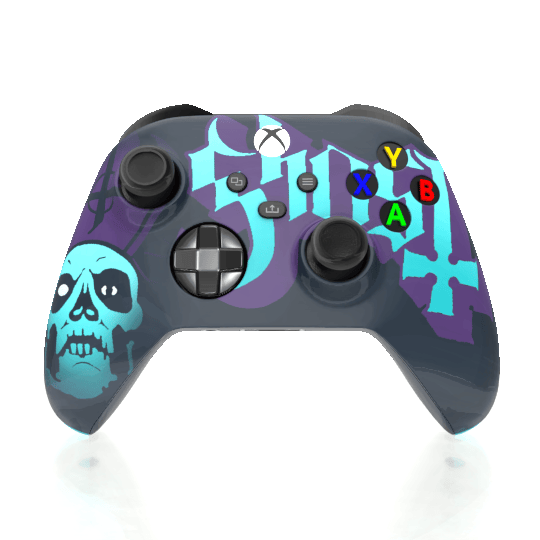 A custom Xbox controller with a matte purple center, teal side grips, and black top buttons, shown from a front-facing perspective on a white background.
