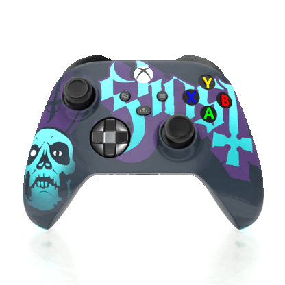 A custom Xbox controller with a matte purple center, teal side grips, and black top buttons, shown from a front-facing perspective on a white background.
