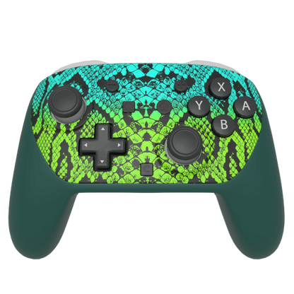 A game controller with a vibrant green and turquoise snake skin pattern on the faceplate, combined with solid dark teal grips and black controls, shown against a plain white background.