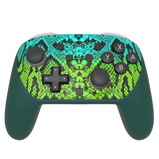 A game controller with a vibrant green and turquoise snake skin pattern on the faceplate, combined with solid dark teal grips and black controls, shown against a plain white background.