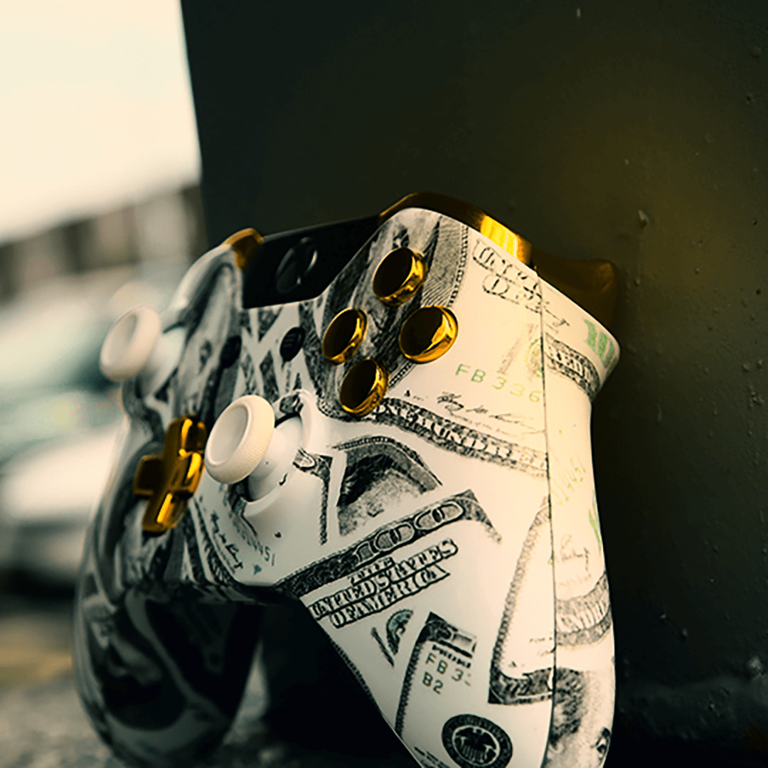 Custom Controller Microsoft Xbox One S - Playa Dollar Bills Benjamin Franklin Cash Gold Chrome White Buttons