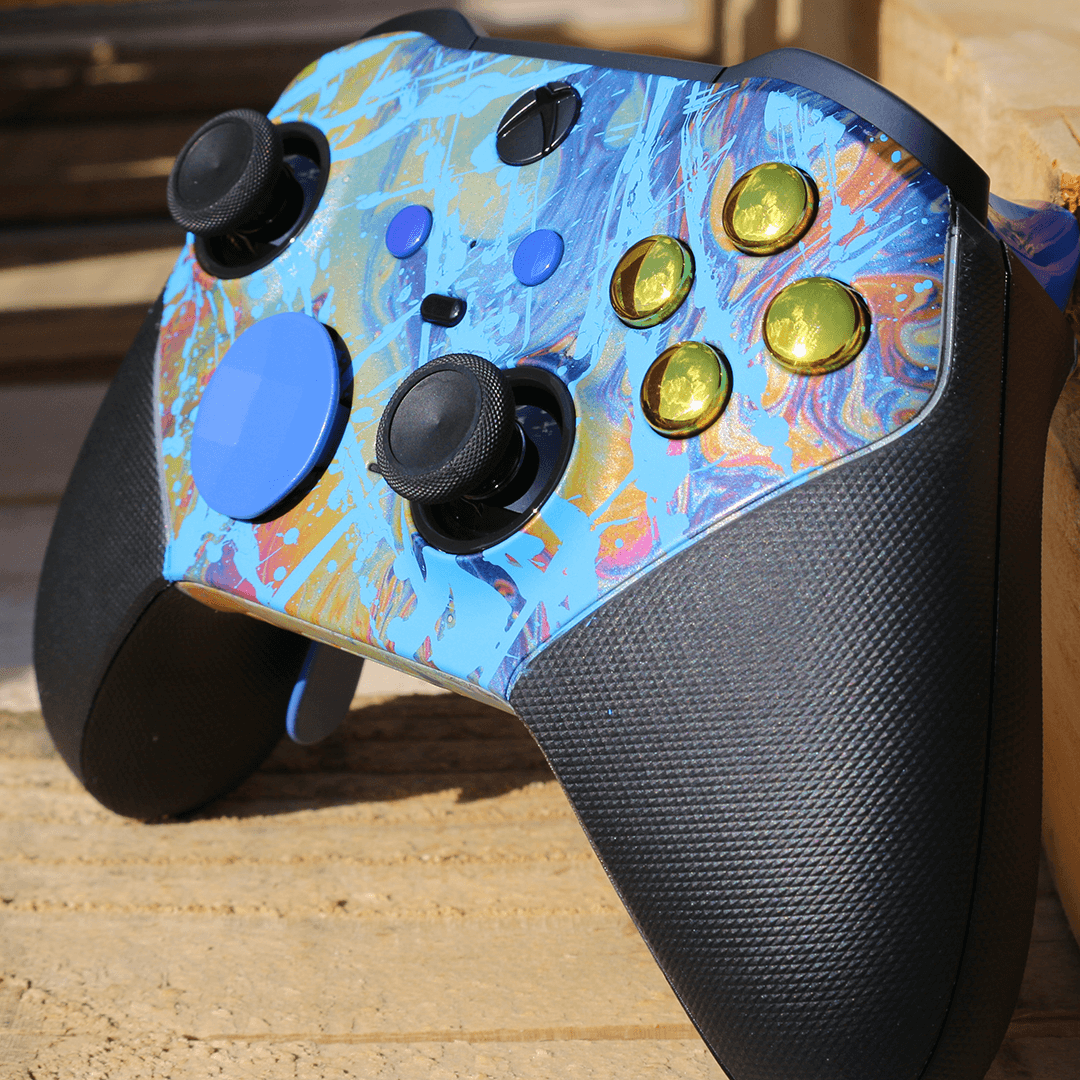Custom Controller Microsoft Xbox One Series 2 Elite - Elegant Oils psychedelic Chrome Gold Blue Buttons